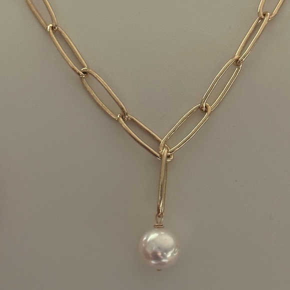 Hand Crafted Jewelry - 11mm White Cultured Pearl 14K Paperclip Necklace - 22 Inches - Adjustable
